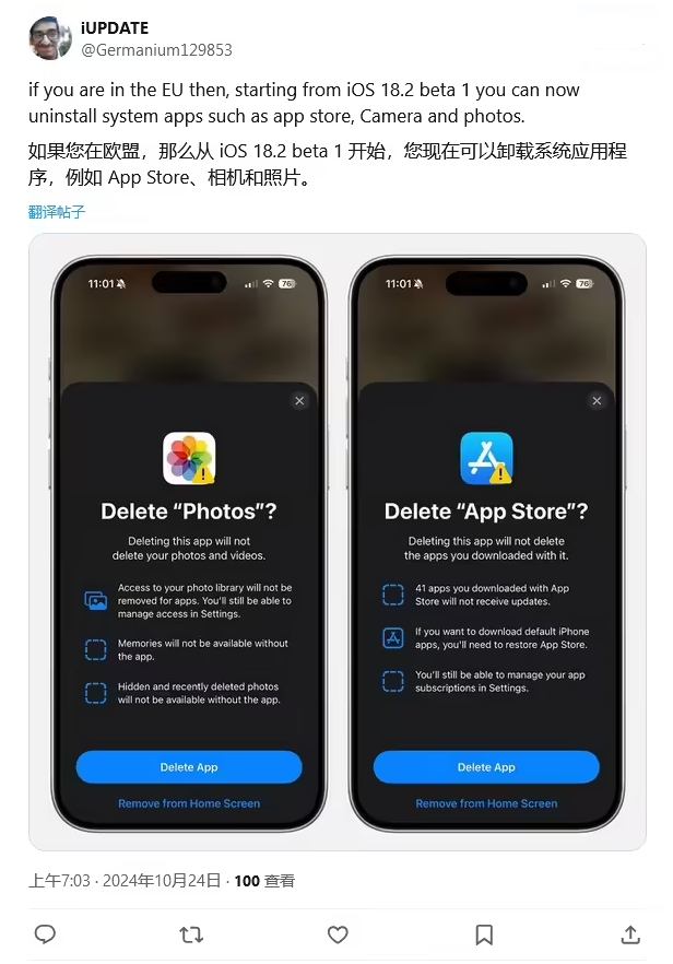 沙雅苹果手机维修分享iOS 18.2 支持删除 App Store 应用商店 